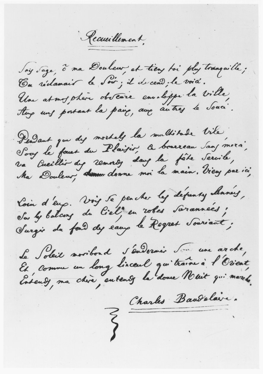 Recueillement, signed sonnet, 1861 by Charles Pierre Baudelaire