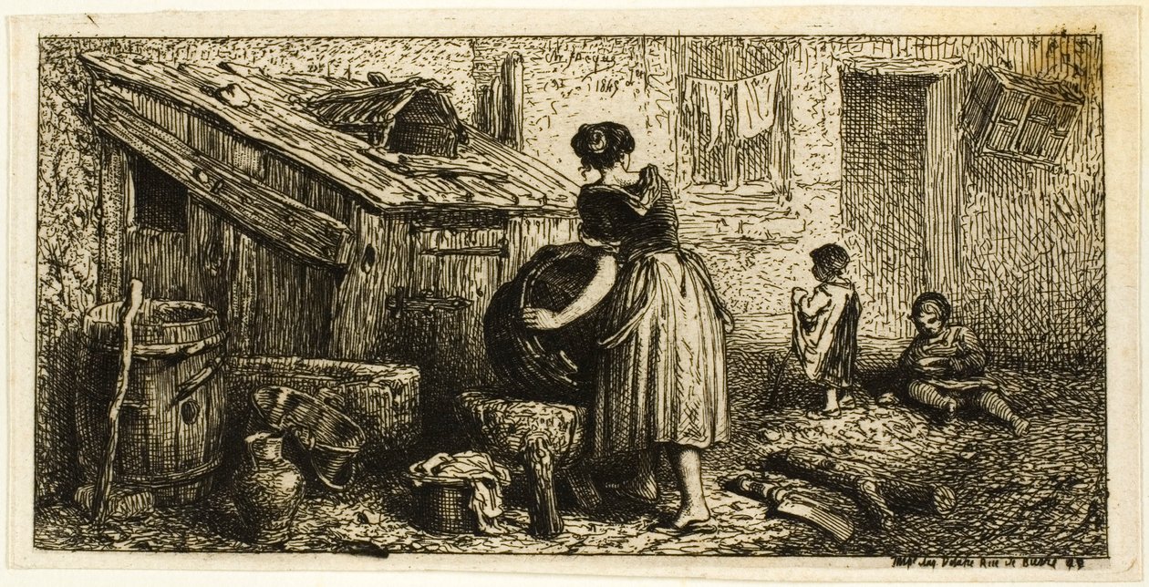 Woman Washing Pots, with Children by Charles Emile Jacque