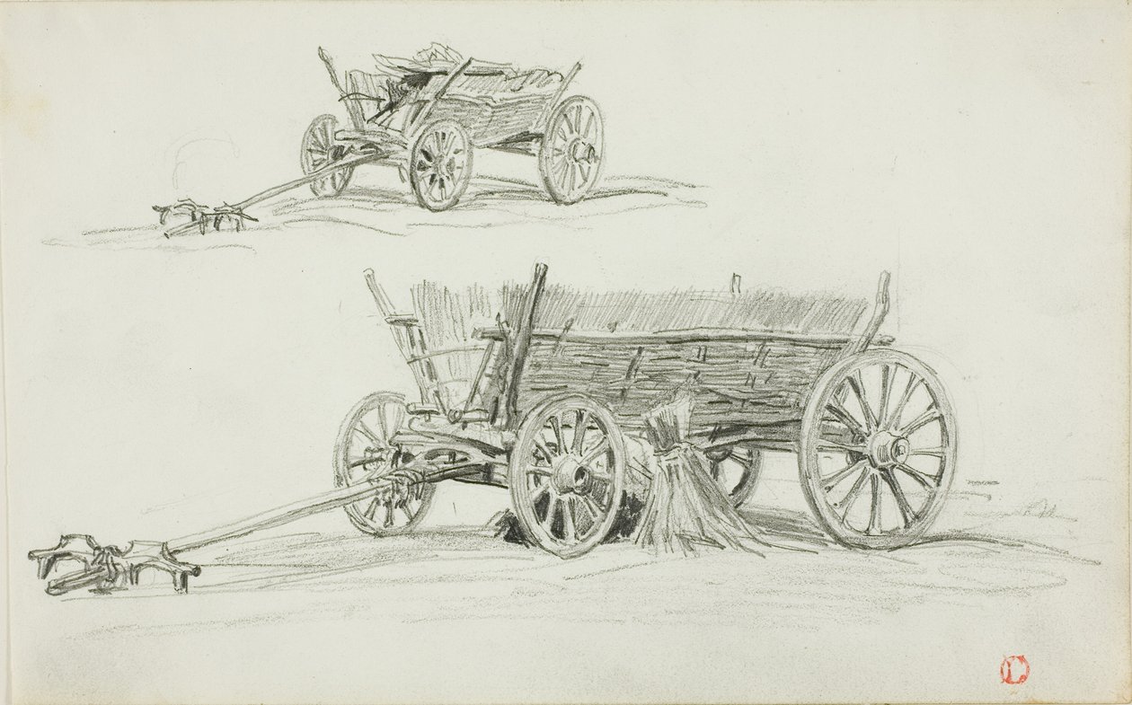 Two Sketches of an Ox Cart by Charles Francois Daubigny