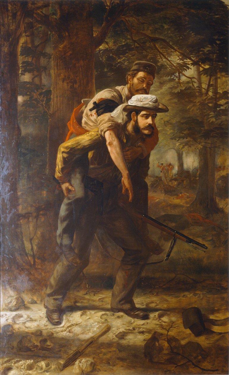 Ross Lewis Mangles saving a wounded soldier of the 37th Regiment during the Indian Mutiny of 1857 by Chevalier Louis William Desanges