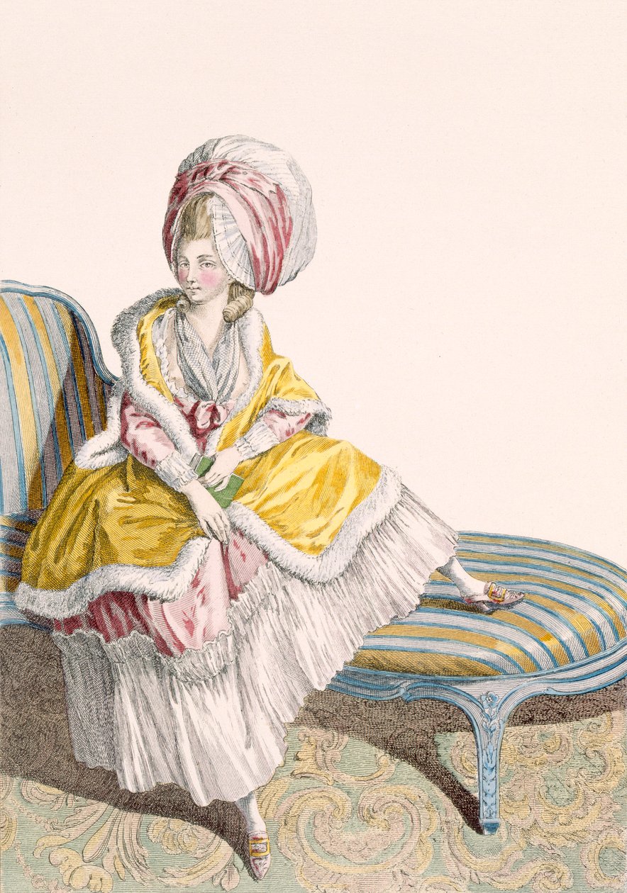 Lady in morning gown in lemon and pink, engraved by Dupin, plate no.55 from 