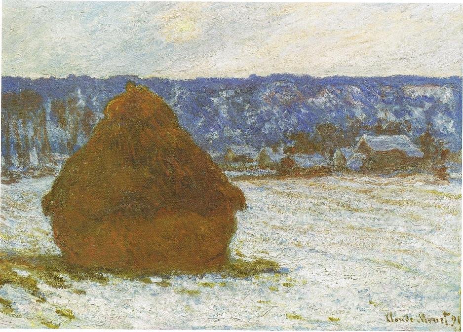 Stack of Wheat Snow Effect, Overcast Day by Claude Monet