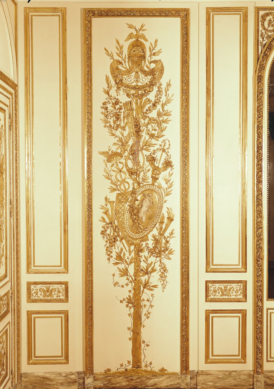 Panelling detail with a trophy shield, lyre, sceptre and caduceus for the 