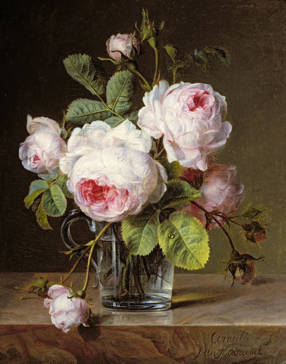 Roses in a Glass Vase on a Ledge by Cornelis van Spaendonck