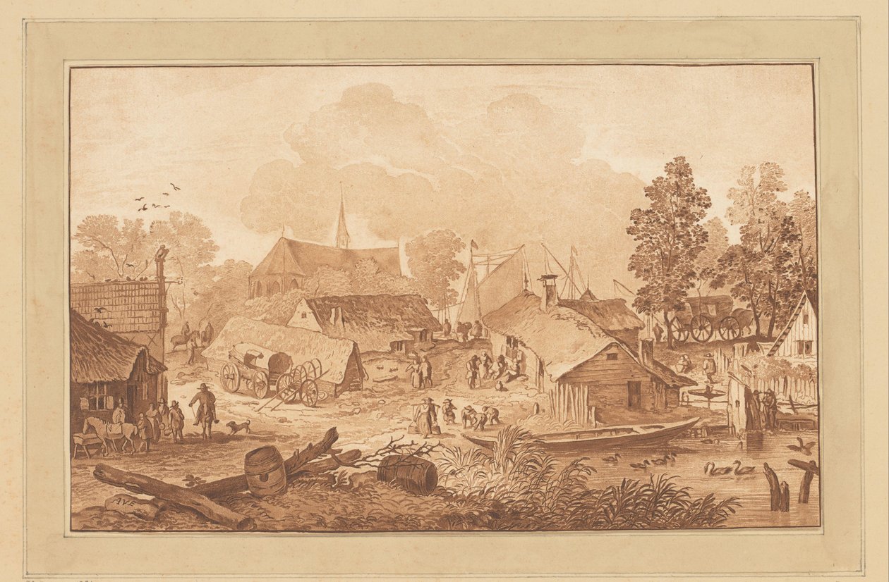 Village Scene with Pond by Cornelis Brouwer