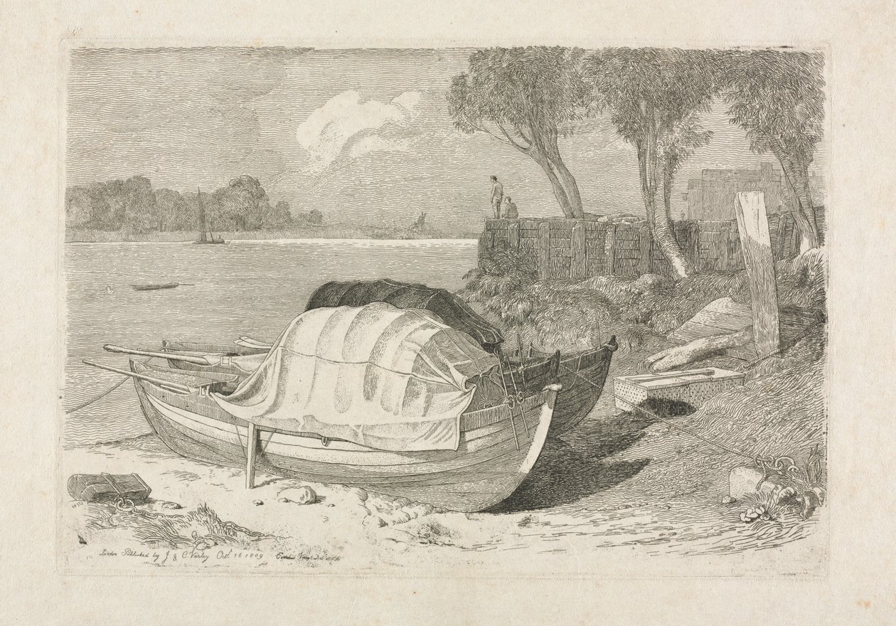 Two Beached Fishing Boats by Cornelius Varley