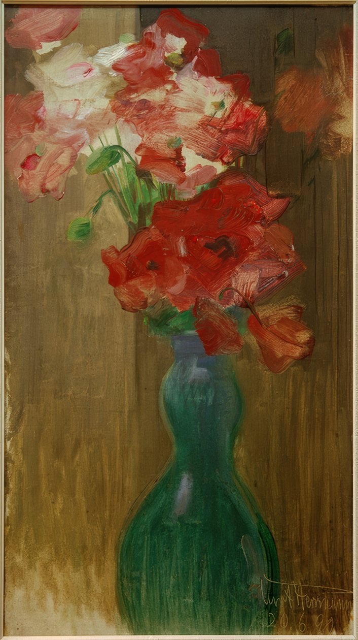 Poppies in Double-Bellied Glass Bottle by Curt Herrmann