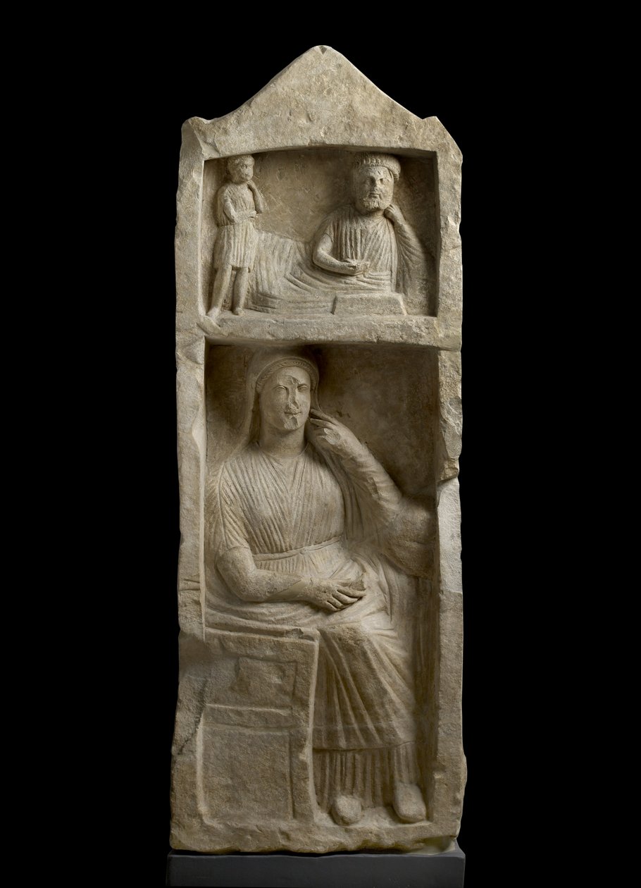 Limestone Tomb Stele, Relief of a Bearded Banqueter with Boy Attendant and a Seated Woman by Cypriot