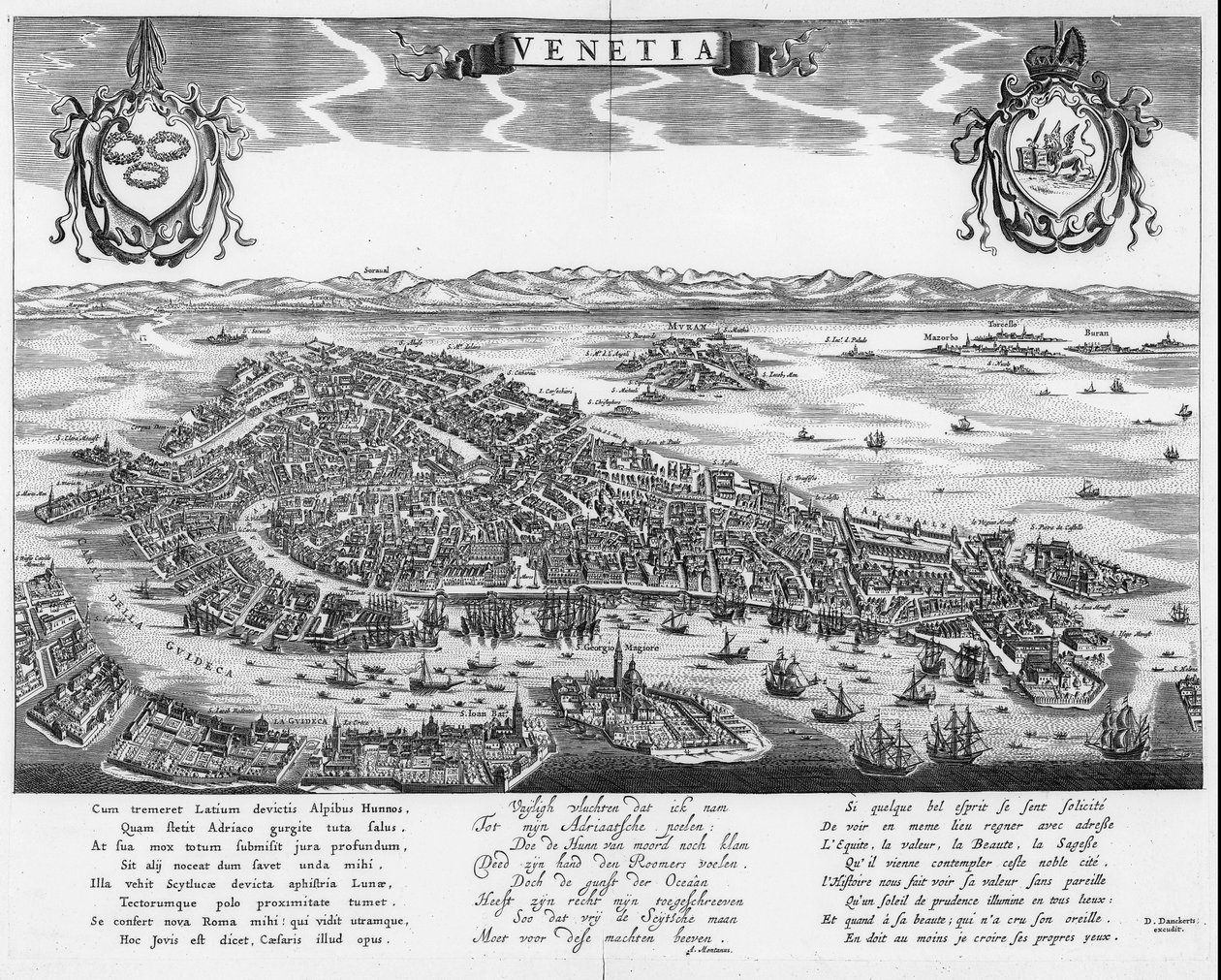 Map of Venice with Three Texts in Latin, Dutch, and French by Dancker Danckerts