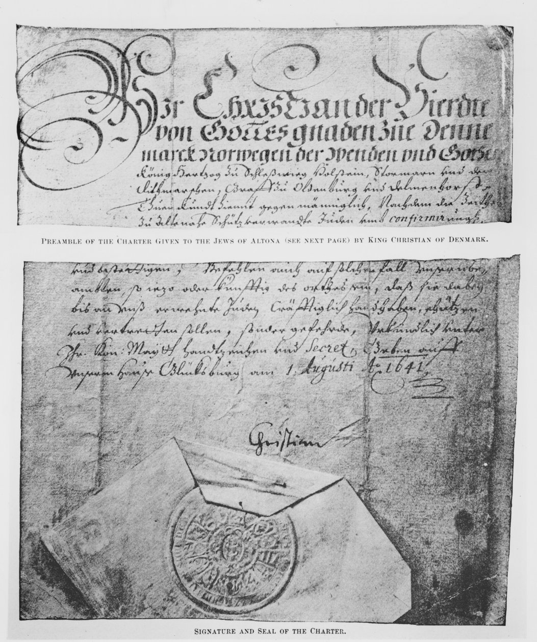 Preamble, signature and seal of the Charter given to the Jews of Altona by King Christian of Denmark by Danish School