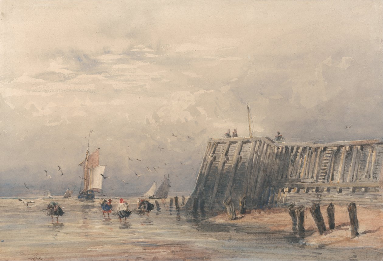 Sailing Barges and Shrimpers off a Pier by David Cox