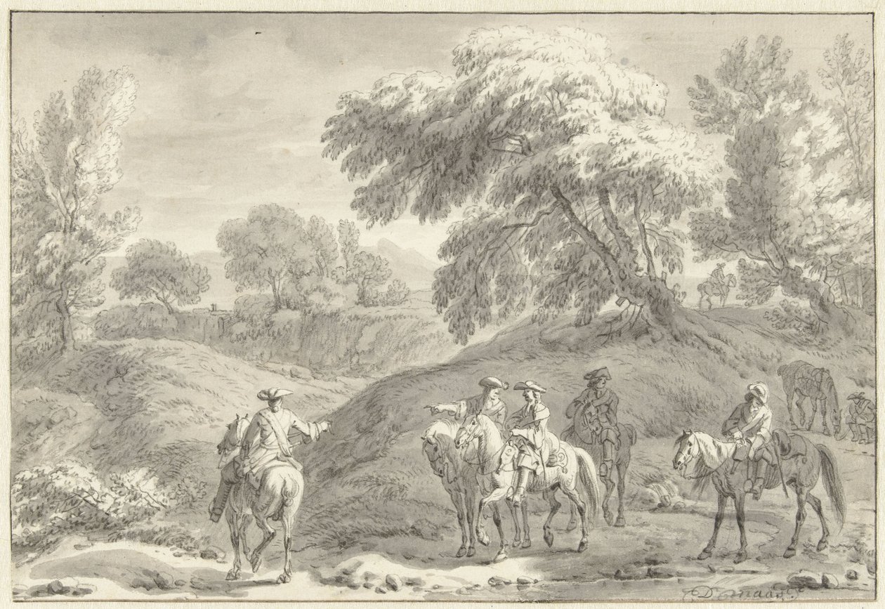 Hilly Landscape with Hunters on Horseback by Dirk Maas