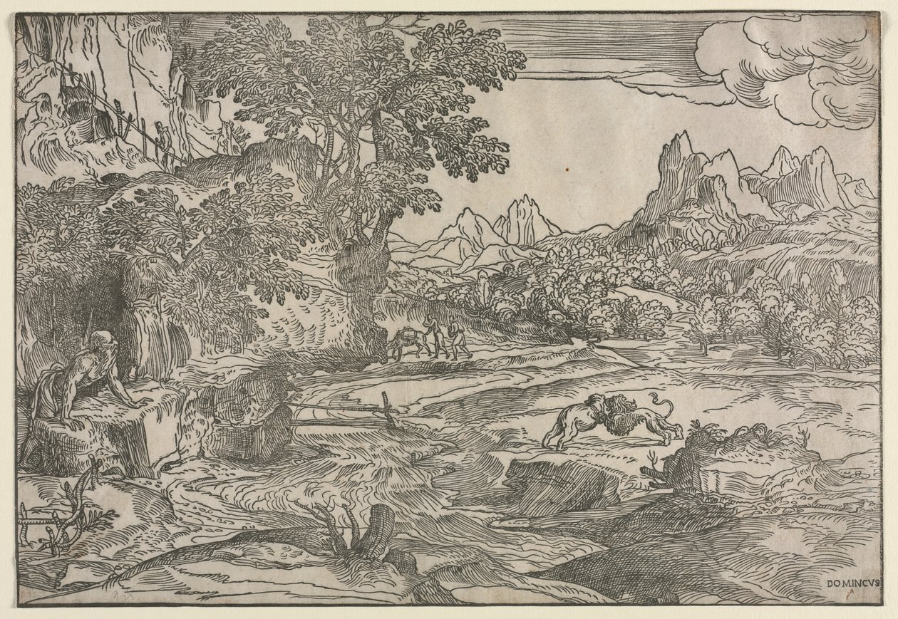 Landscape with Saint Jerome and Two Lions by Domenico Campagnola