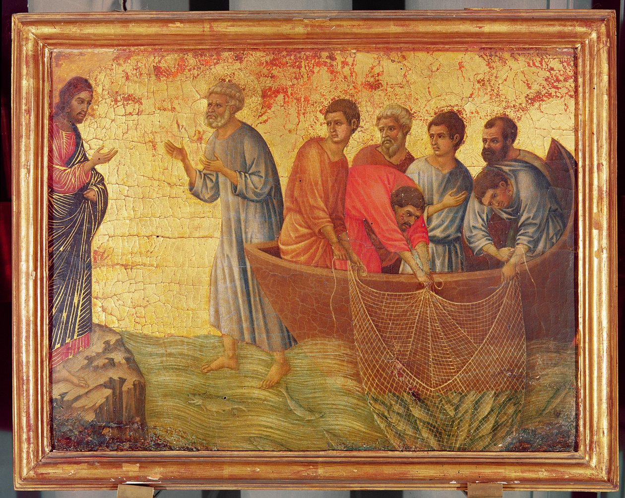 The Apparition on the Lake of Tiberiade, from the story of Christ after the Resurrection, the verso of the Maesta altarpiece, finished 1311 by Duccio di Buoninsegna