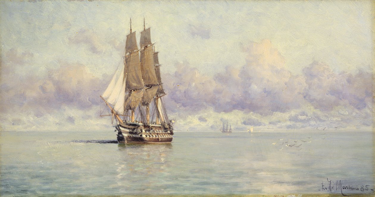 A Man-O-War Becalmed, 1885 by Eduardo de Martino