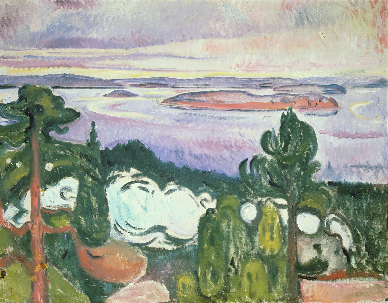 Oslofijord - Northern Beach (Landscape with Railway, Train, Smoke) 1910 by Edvard Munch