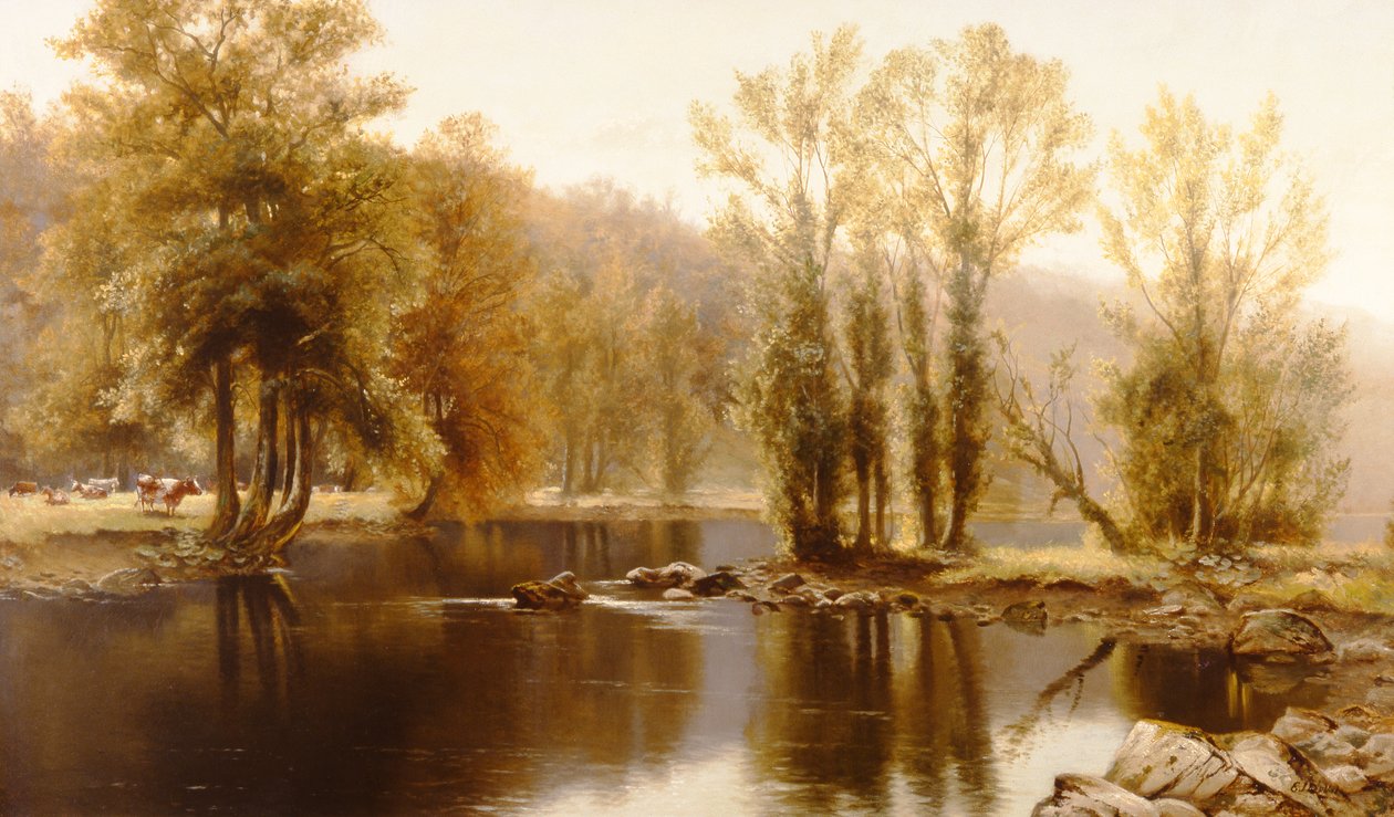 Extensive River Landscape with Cattle by Edward J. Duval