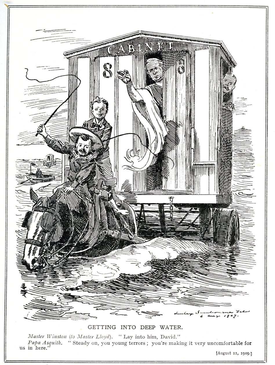 Prime Minister Asquith Restrains Lloyd George and Winston Churchill from Causing Alarm with Their Fiery Speeches in Support of Helping the Unemployed and the Introduction of a Minimum Wage, 1909 by Edward Linley Sambourne