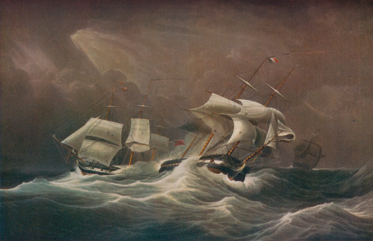 H.M.S. Indefatigable Engaging The French Droits-De-LHomme, 1797 by Edward Duncan