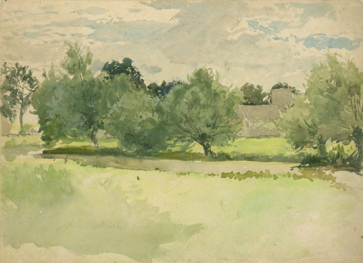 Landscape: Meadow, Church in Background by Edwin Austin Abbey