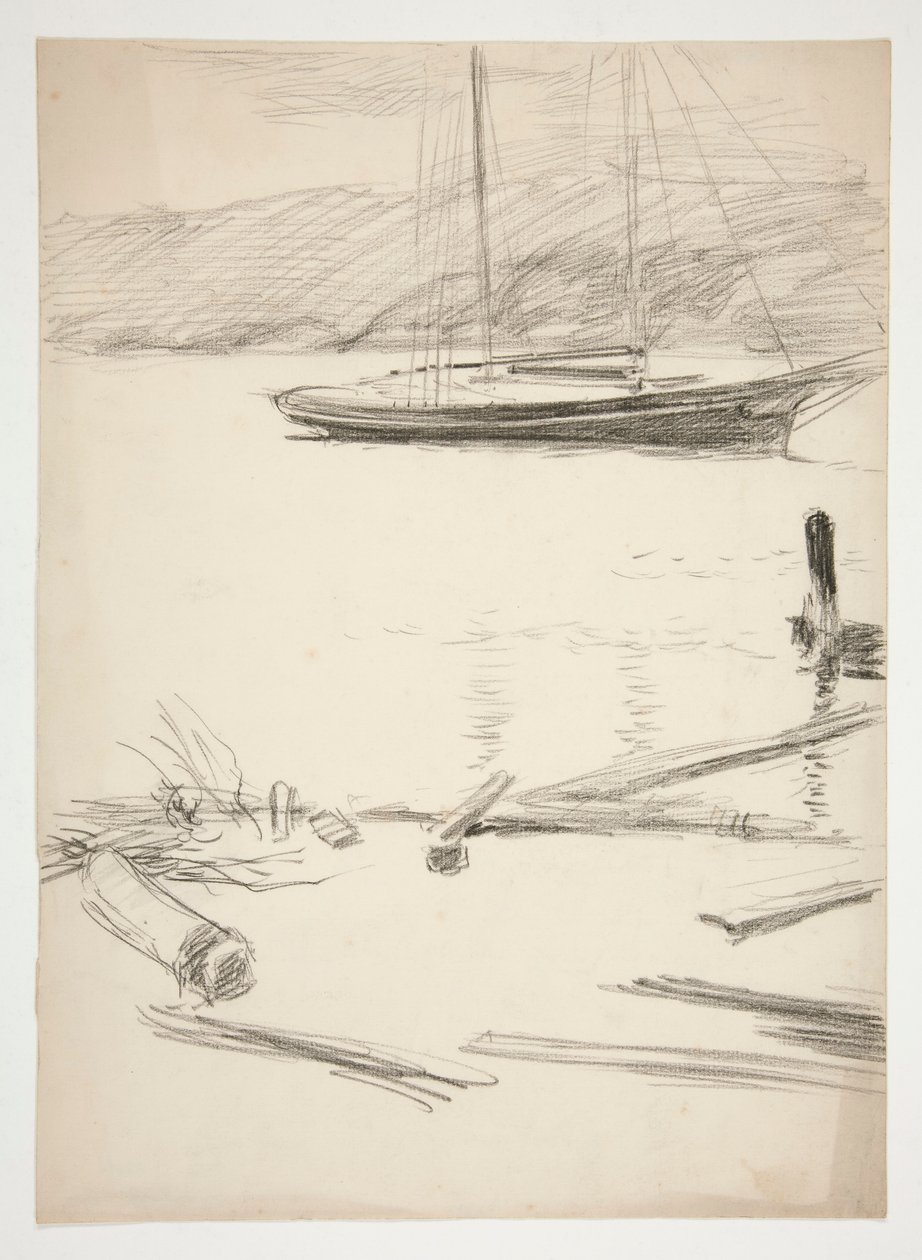 Sketch of a dock and sailboat by Edwin Austin Abbey