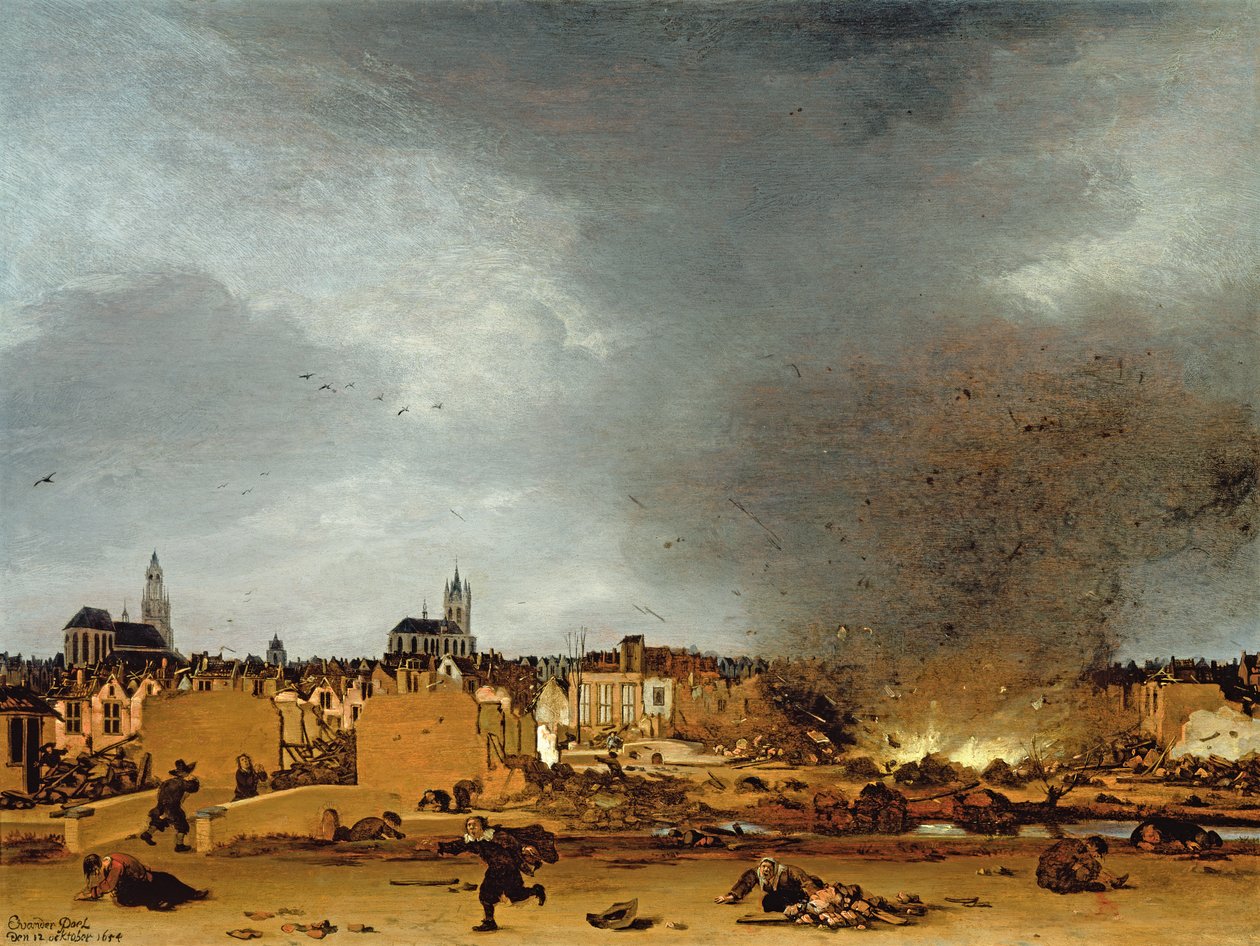 A view of Delft with the Explosion of 1654, 1654 by Egbert van der Poel