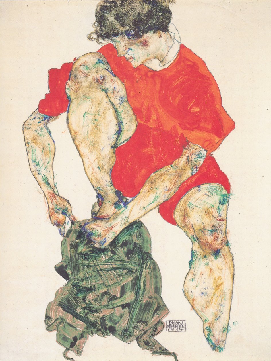 Female Model in Red Robe by Egon Schiele