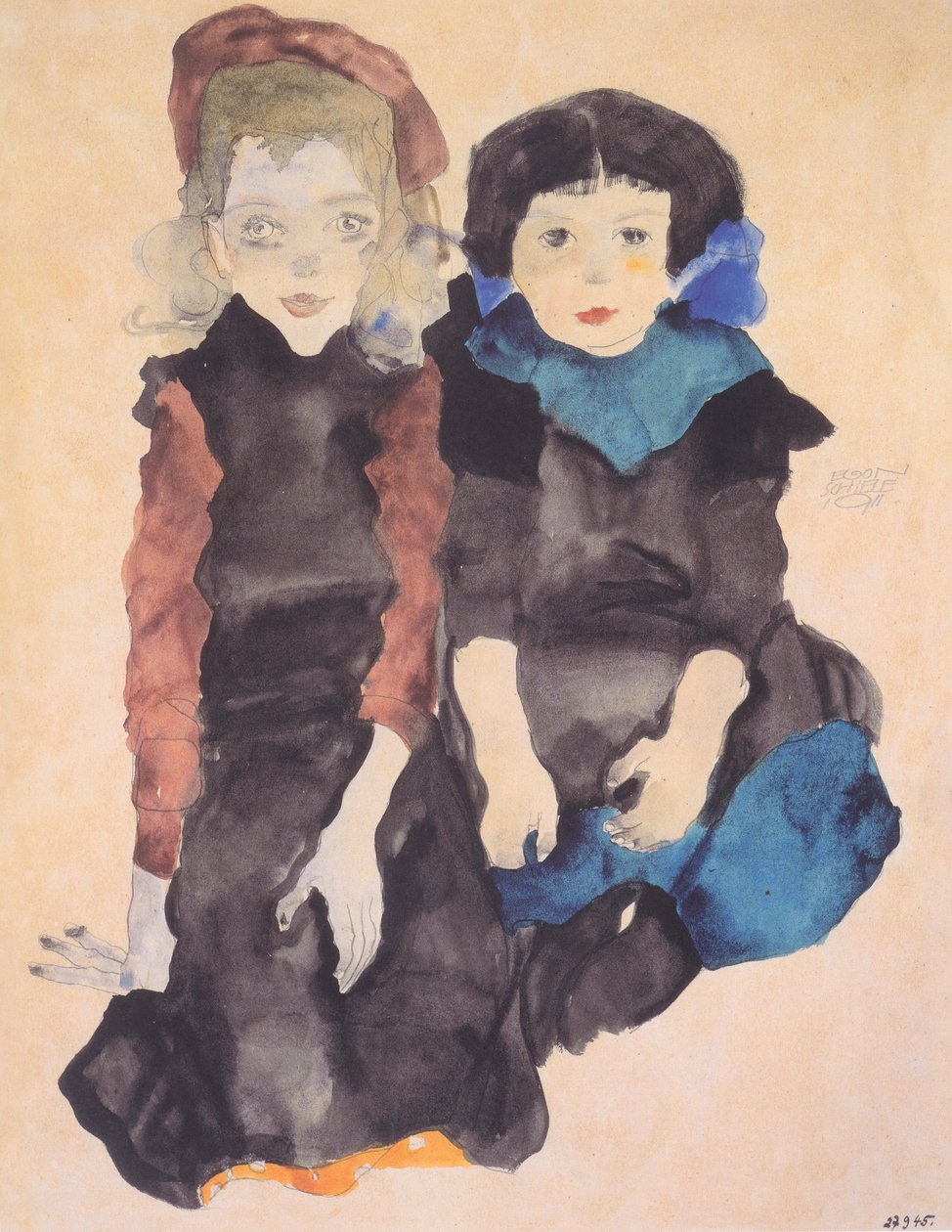 Two Crouching Girls by Egon Schiele