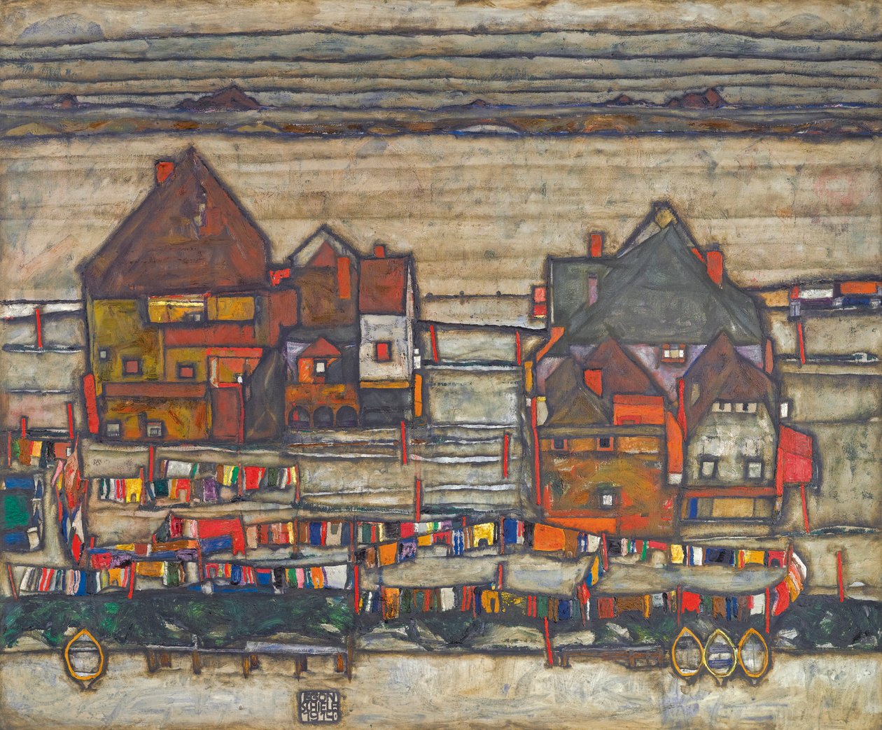 Houses with Colorful Laundry by Egon Schiele