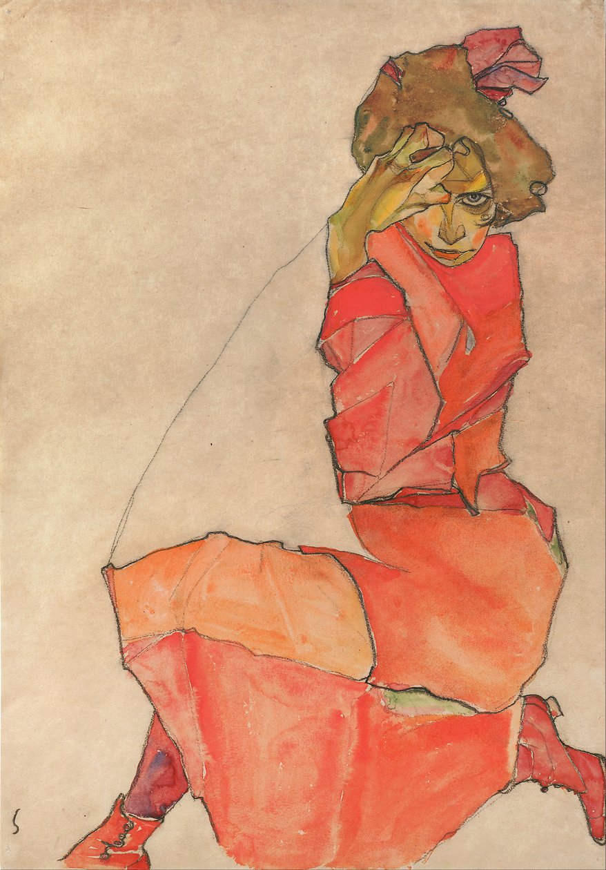 Kneeling Female in Orange-Red Dress by Egon Schiele