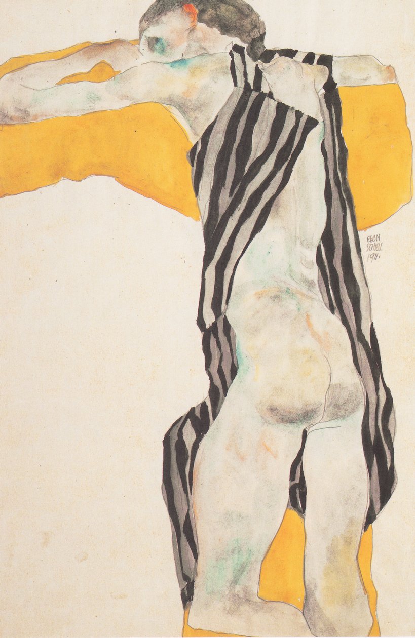 Reclining Girl Nude in Striped Smock by Egon Schiele