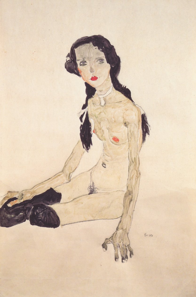 Seated Girl with Ponytail by Egon Schiele