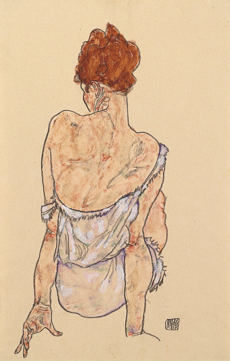 Seated Woman in Underwear, Rear View by Egon Schiele