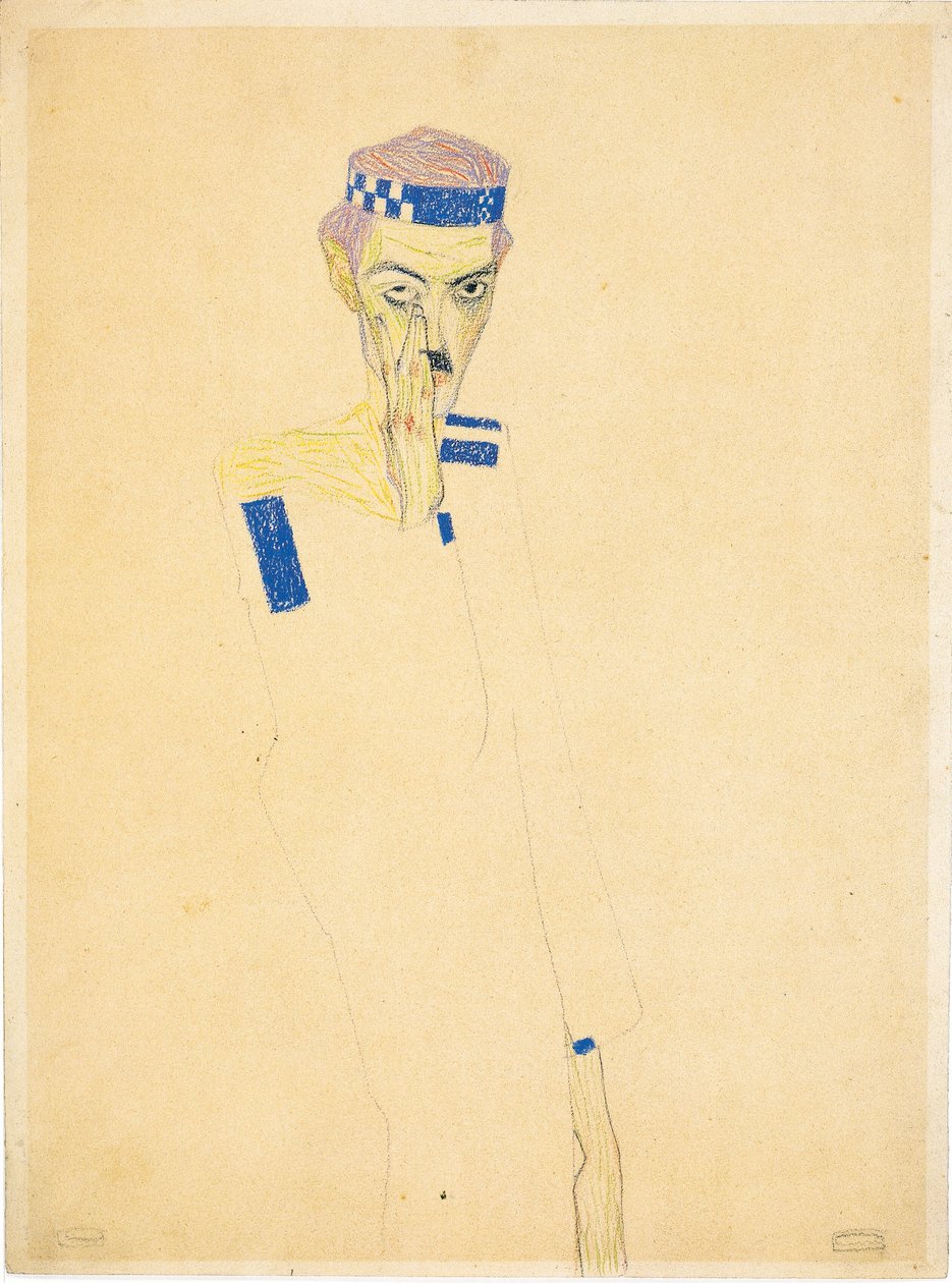 Self-Portrait with blue checked headband by Egon Schiele