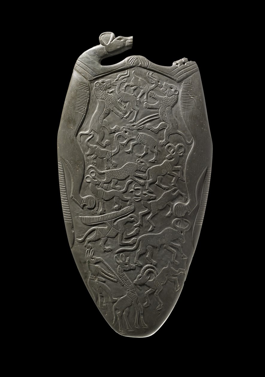 Ceremonial Palette Carved with Animals, Some in Combat, Some Prancing to the Music of a Jackal-Headed Flautist, from the Main Deposit, Hierakonpolis, c.3000 BC by Egyptian