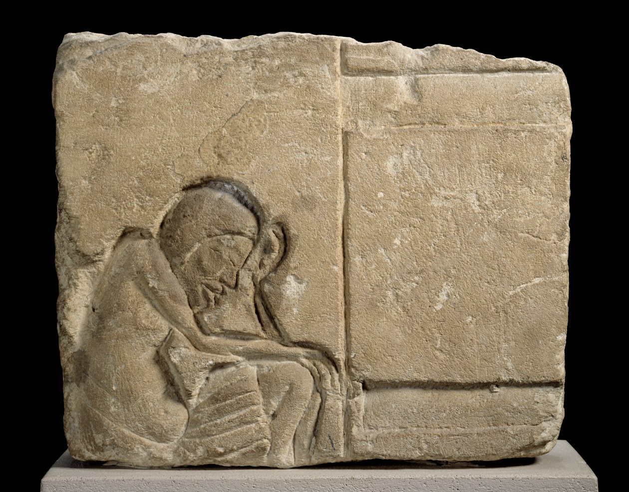 Limestone Fragment Carved in Sunken Relief Depicting a Sleepy Servant in the Palace by Egyptian 18th Dynasty