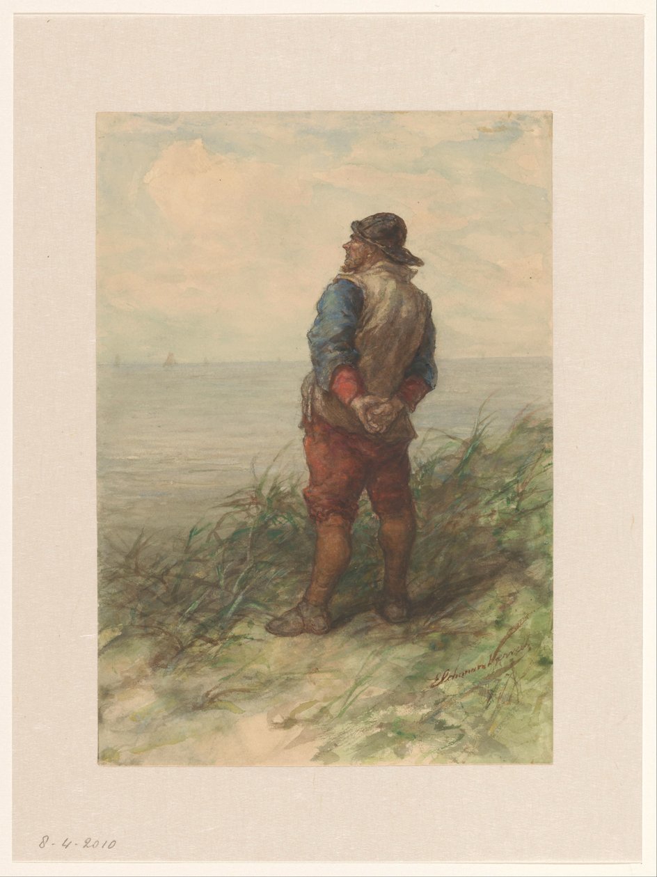 Sailor looking out over the sea from the dunes by Elchanon Verveer