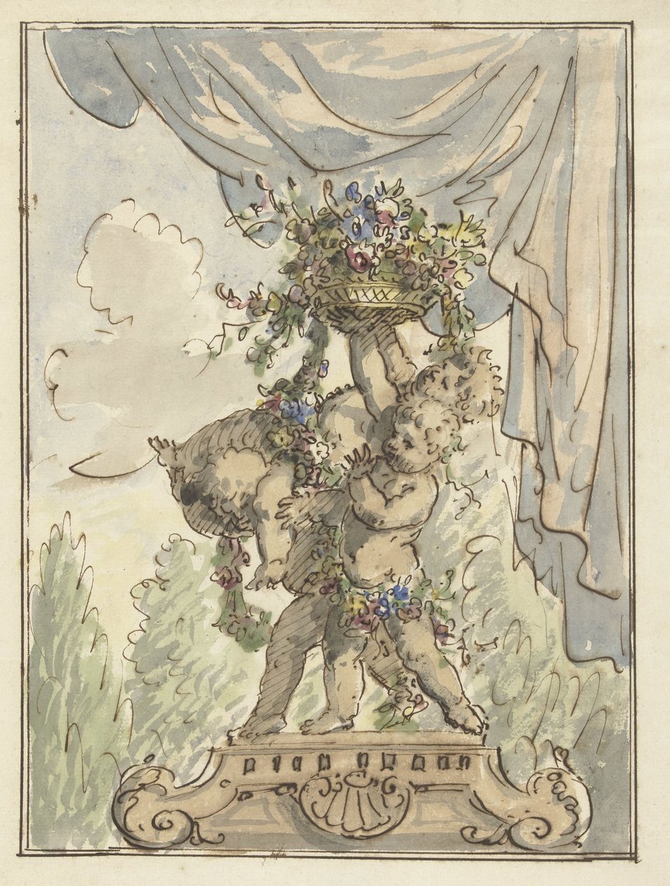 Three Putti with a Basket of Flowers by Elias van Nijmegen
