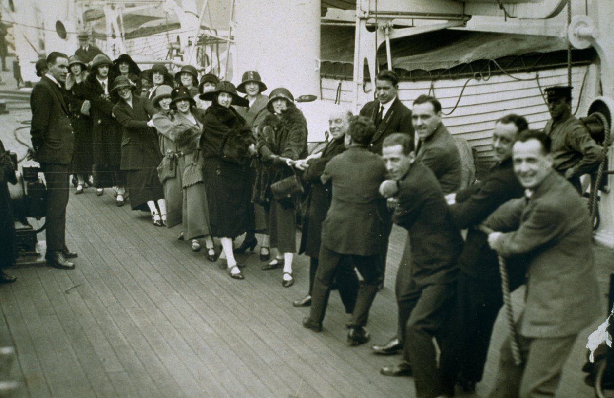 A game of Tug of War aboard an ocean liner by English Photographer