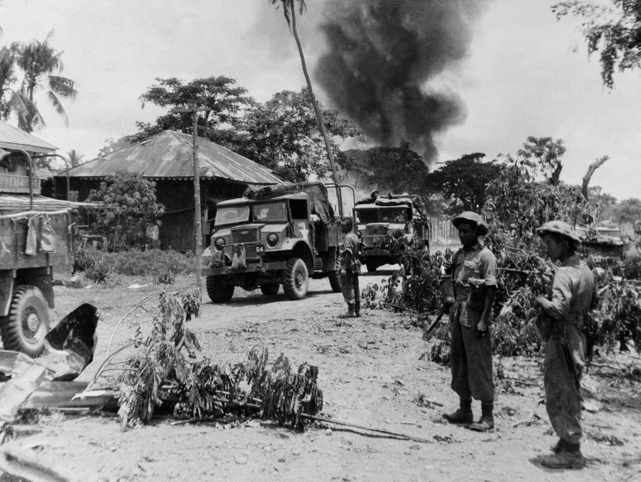 Indian troops of the 17th Division in Payagyi during the last few miles of the advance on Rangoon, April 1945 by English Photographer