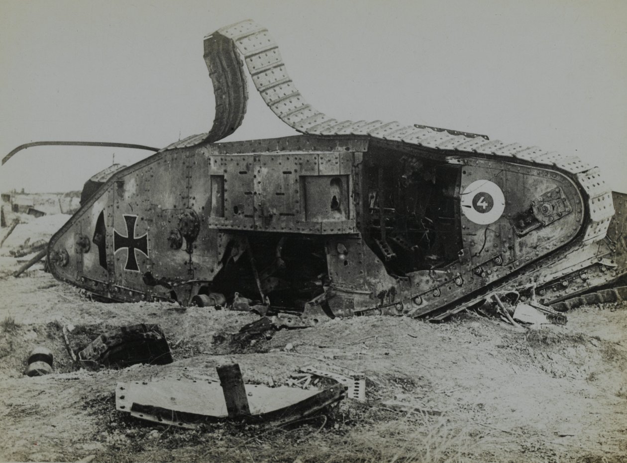 Photograph of disabled British made tank with German markings by English Photographer