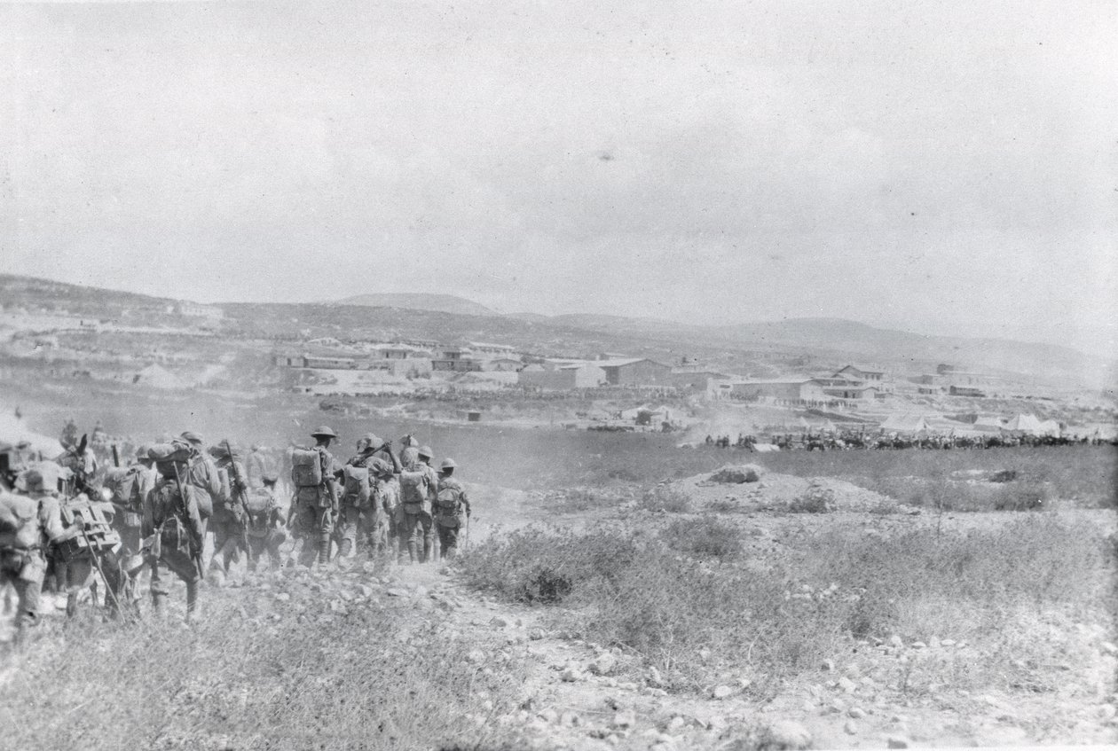 Troops marching across a plain in Mesopotamia during World War One, from an album compiled by Lt. Kindom by English Photographer
