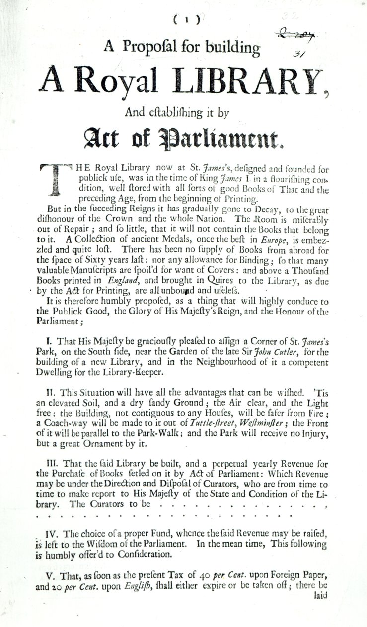 A Proposal for Building a Royal Library, 1697 by English School