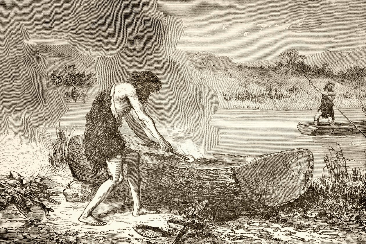 A Prehistoric Man Using Fire to Fashion a Canoe from a Log by English School