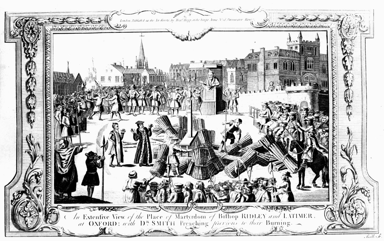 An Extensive View of the Place of Martyrdom of Bishop Ridley (c.1500-55) and Latimer (c.1485-1555) at Oxford with Dr. Smith Preaching Previous to their Burning by English School