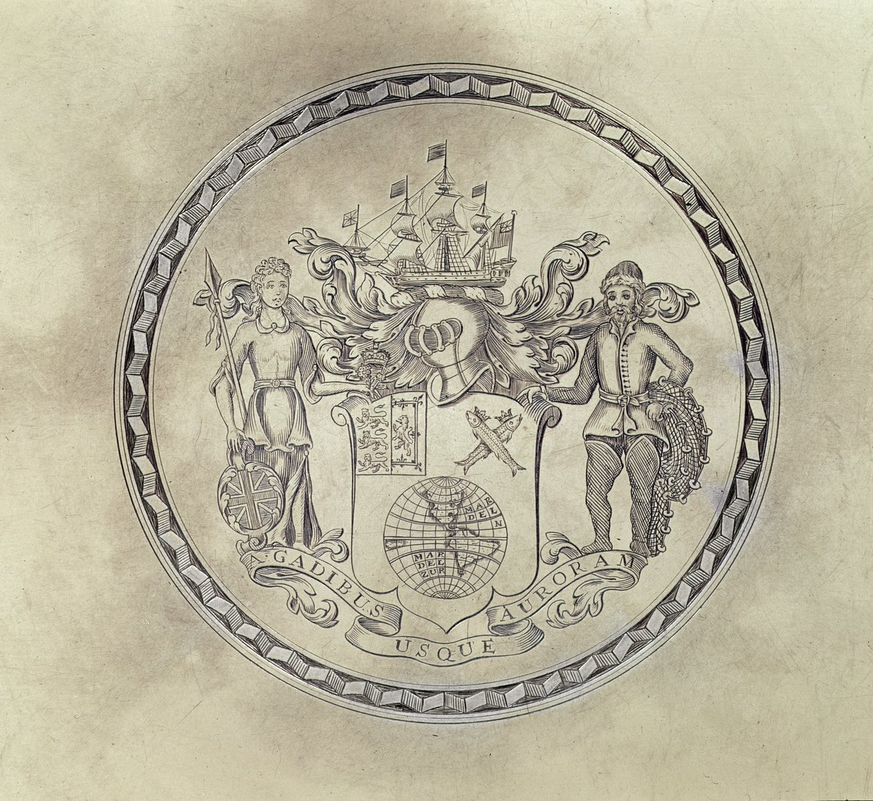 Armorials of the South Sea Company, engraved on a salver, 1714 by English School