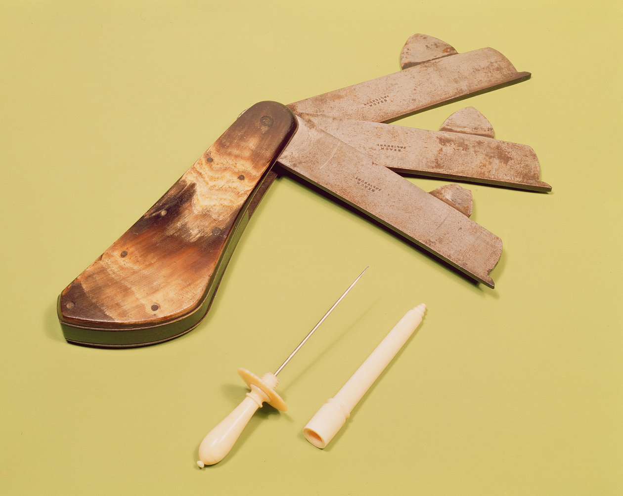 Bleeding knife with three blades and lancing pin with ivory handle and cover, c.1790 by English School