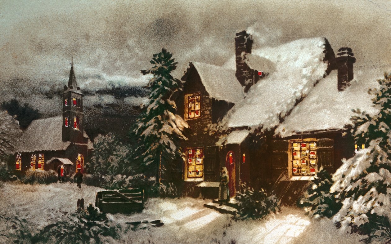 Church and Cottage with Lighted Windows by English School