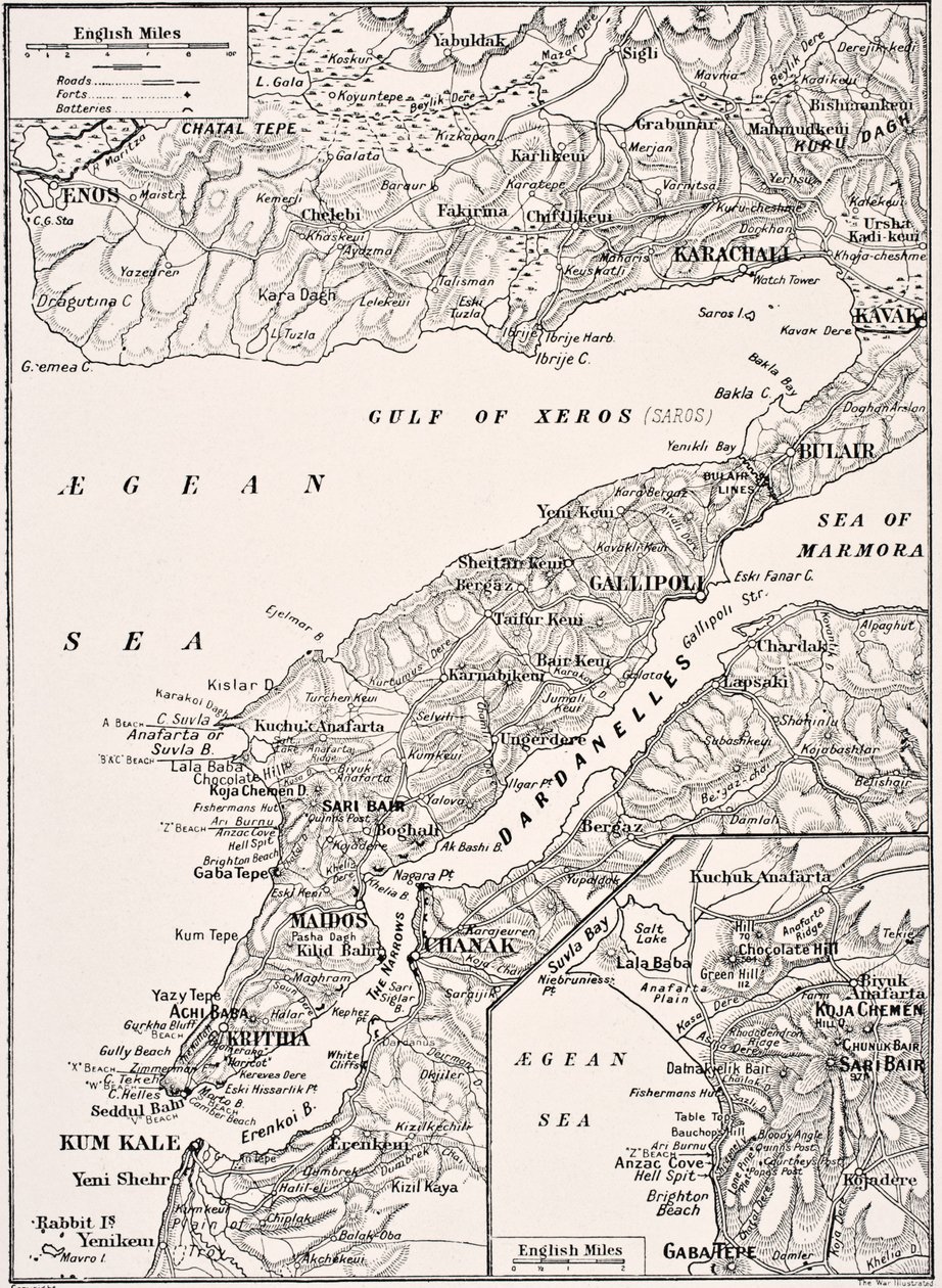 Detailed map of Gallipoli Peninsula and the Dardanelles Turkey, from 