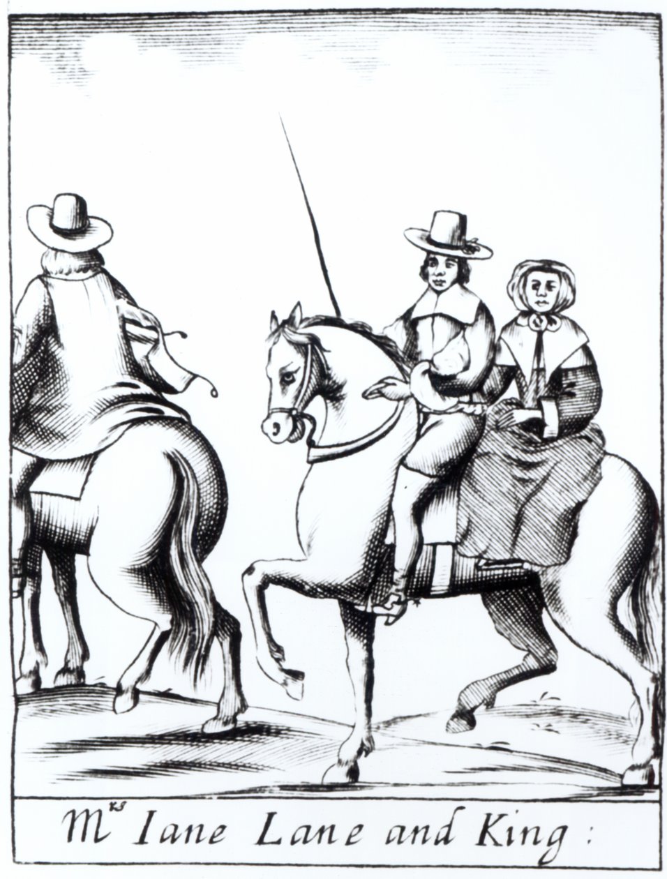 Mrs Jane Lane Riding with King Charles II after the Defeat at the Battle of Worcester in September 1651, published 1660 by English School